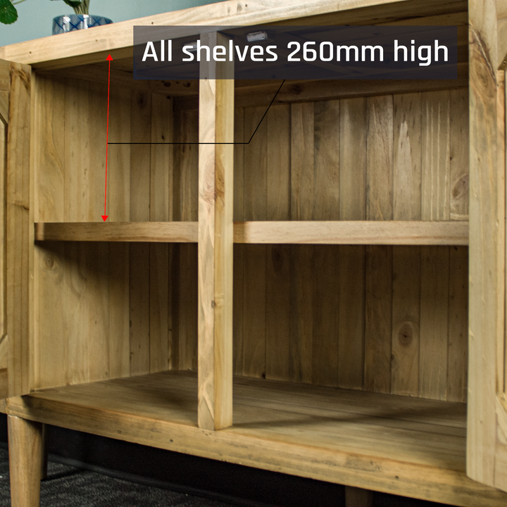 An overall view of the storage shelves in the middle of the Buffalo Recycled Pine Curved Buffet