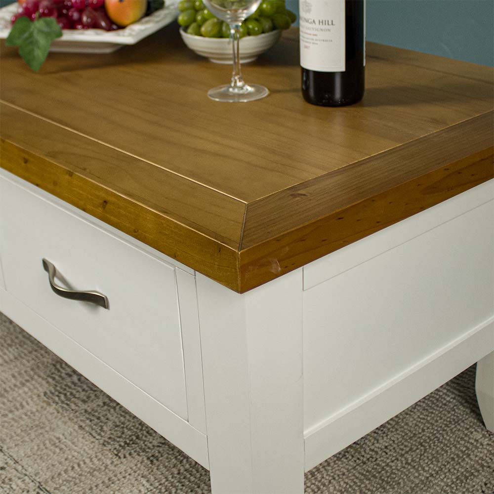 A closer view of the top of the Felixstowe Coffee Table, showing the wood grain and colour.