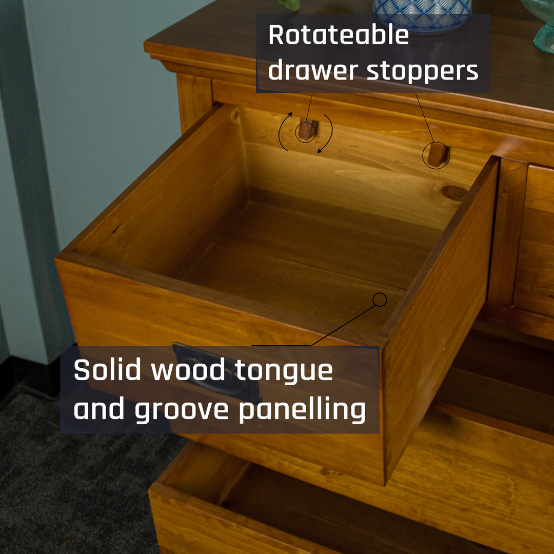 An overall view of the small drawer at the top of the Montreal Five Drawer Pine Tallboy.