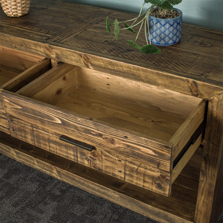 View of the inside of the drawer of the Paddington Recycled Pine Buffet / Hall Table .