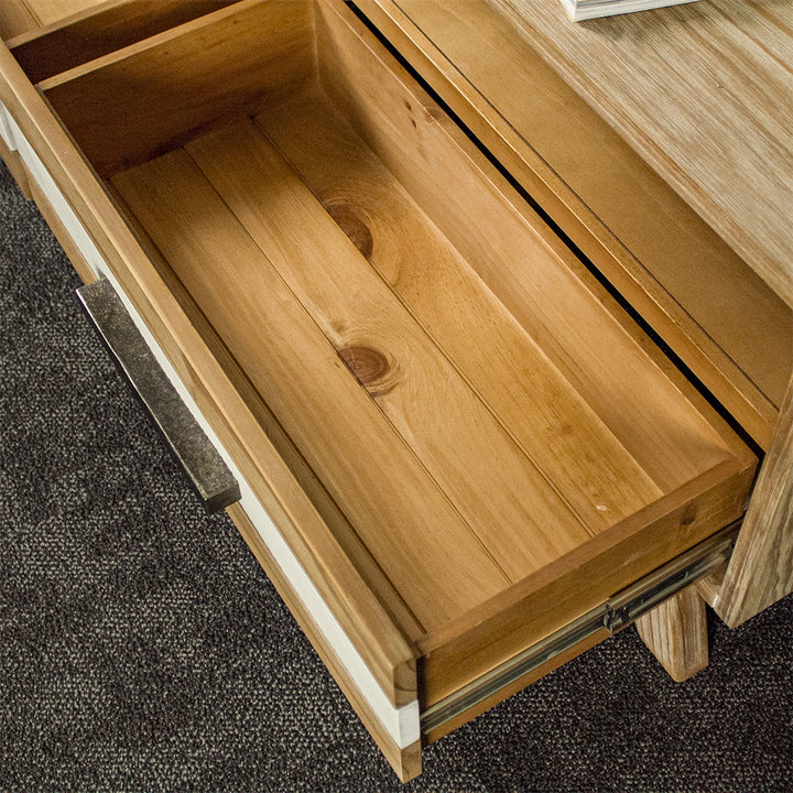 An overall view of the solid panel drawers on the Soho 4 Drawer NZ Pine Coffee Table.
