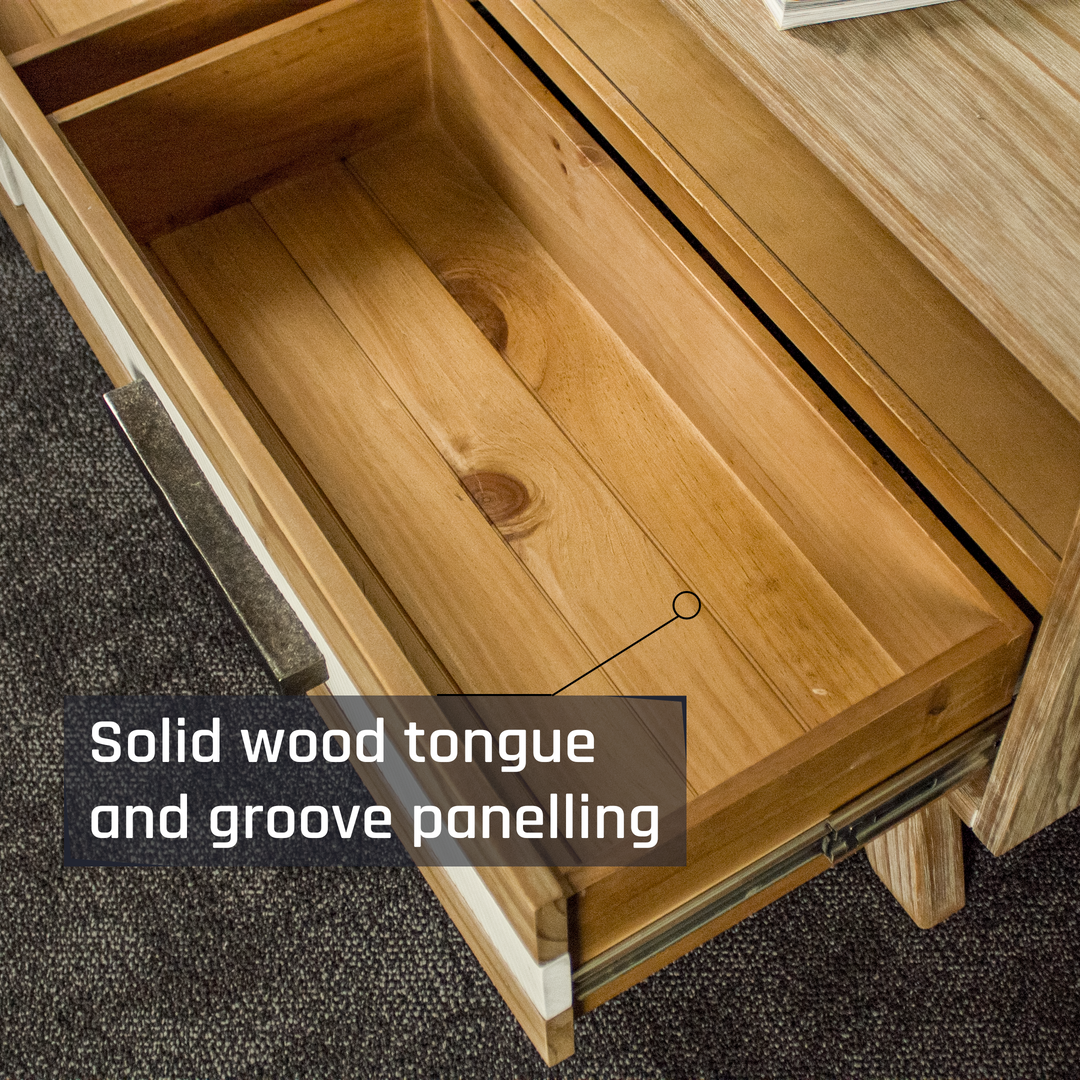 An overall view of the solid panel drawers on the Soho 4 Drawer NZ Pine Coffee Table.
