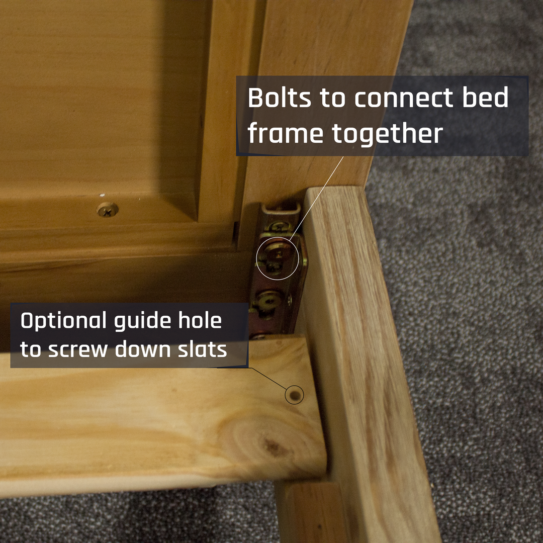 A close up of the bolts that connect the Soho Queen Size Slat Bed Frame.