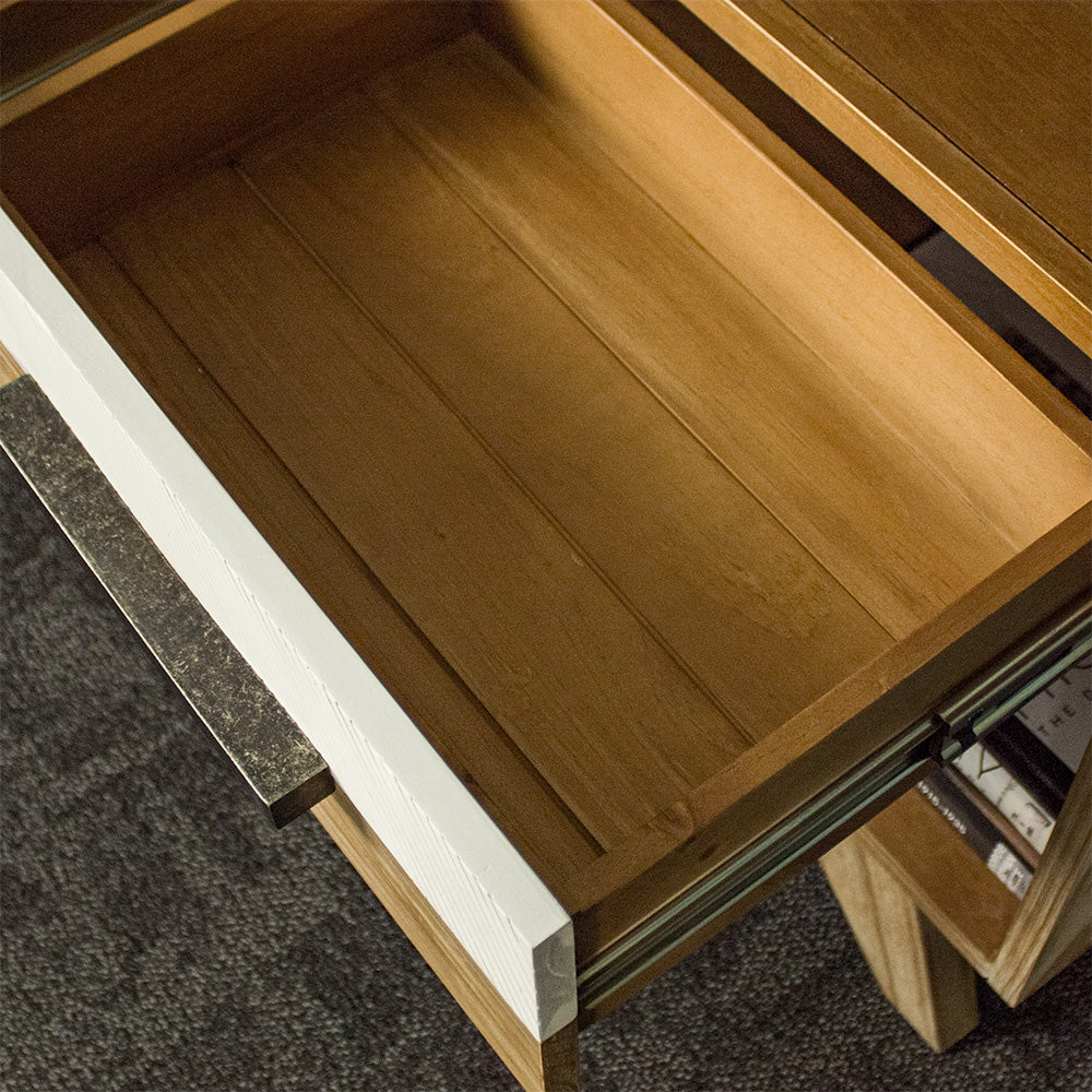 An overall view of the drawers on the Soho Short Display Shelf.