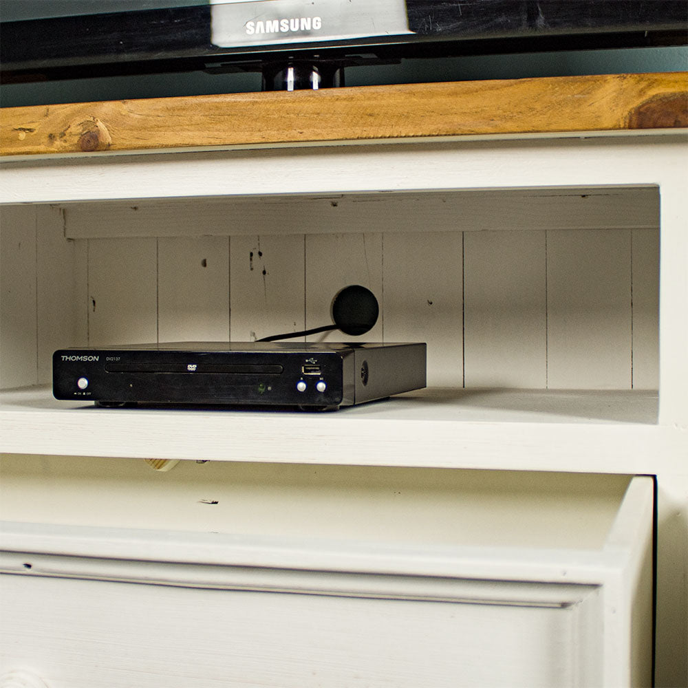 An overall view of the cable hole on the Tuscan Recycled Pine TV Unit.