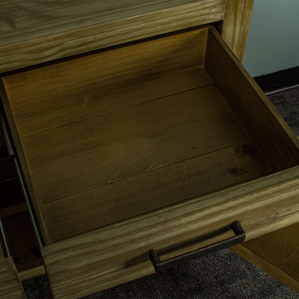 An overall view of the drawers on the Vancouver Pine Buffet.