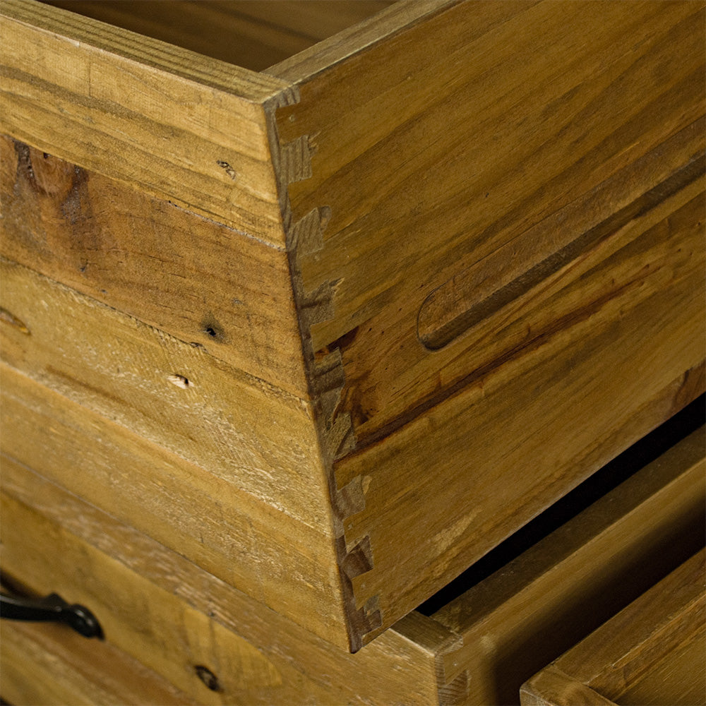 A close up of the dovetail joinery on the drawers of the Ventura Recycled Pine Lowboy.