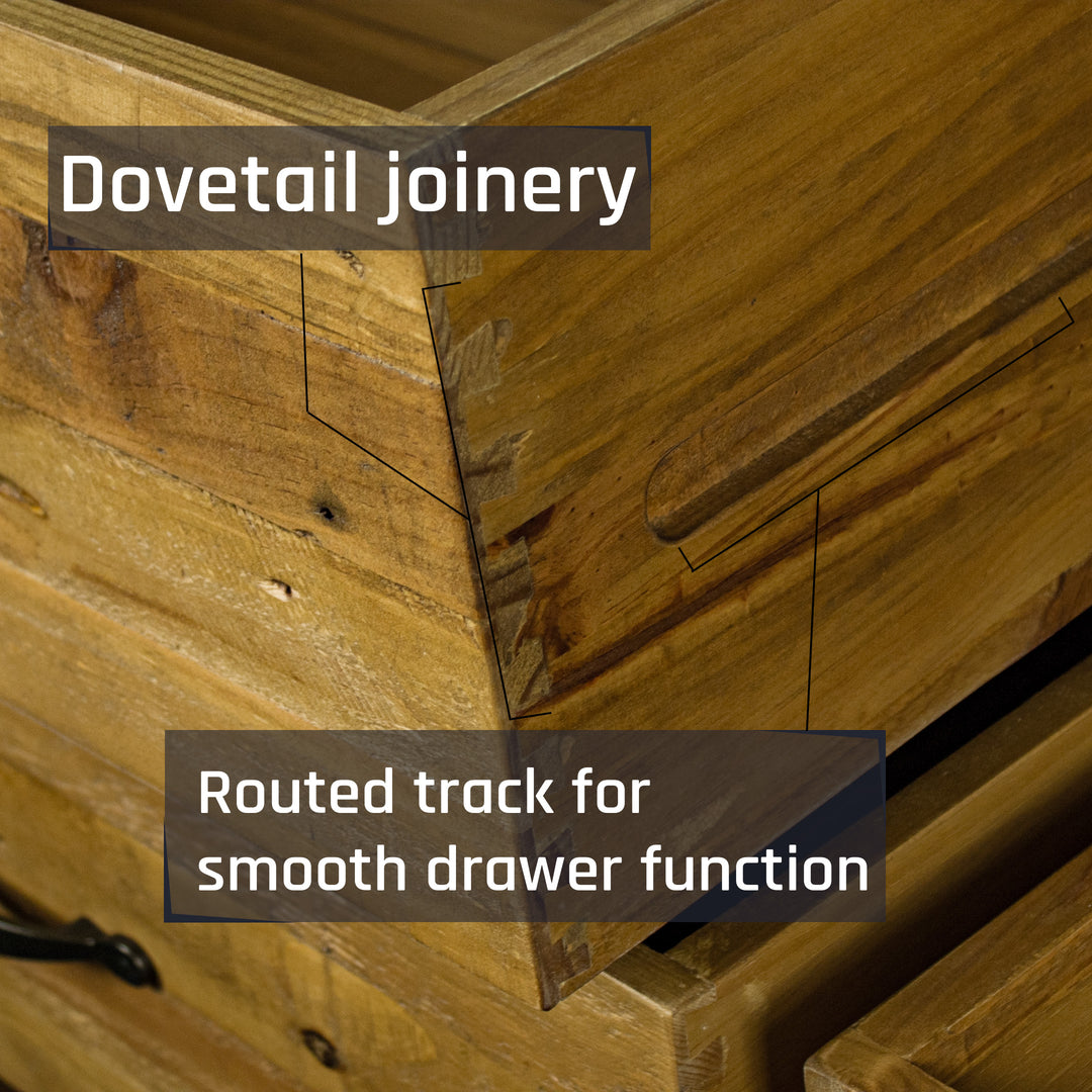 A close up of the dovetail joinery on the drawers of the Ventura Recycled Pine Lowboy.