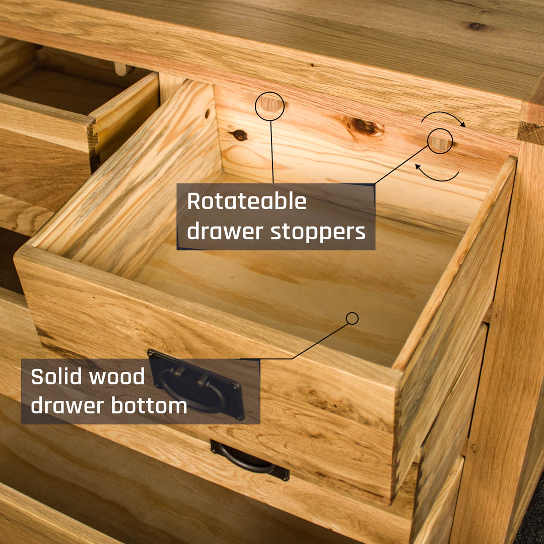 An overall view of the smaller top drawers on the Yes Four Drawer Oak Lowboy.