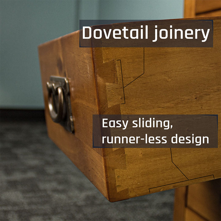 A close up of the dovetail joinery on the drawers of the Montreal Pine Bedside Cabinet.