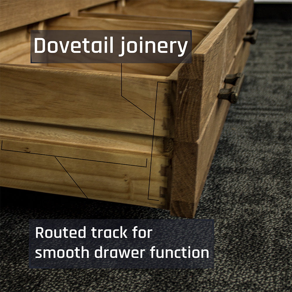 A close up of the dovetail joinery on the drawer of the Camden 2 Drawer White Oak Entertainment Unit.