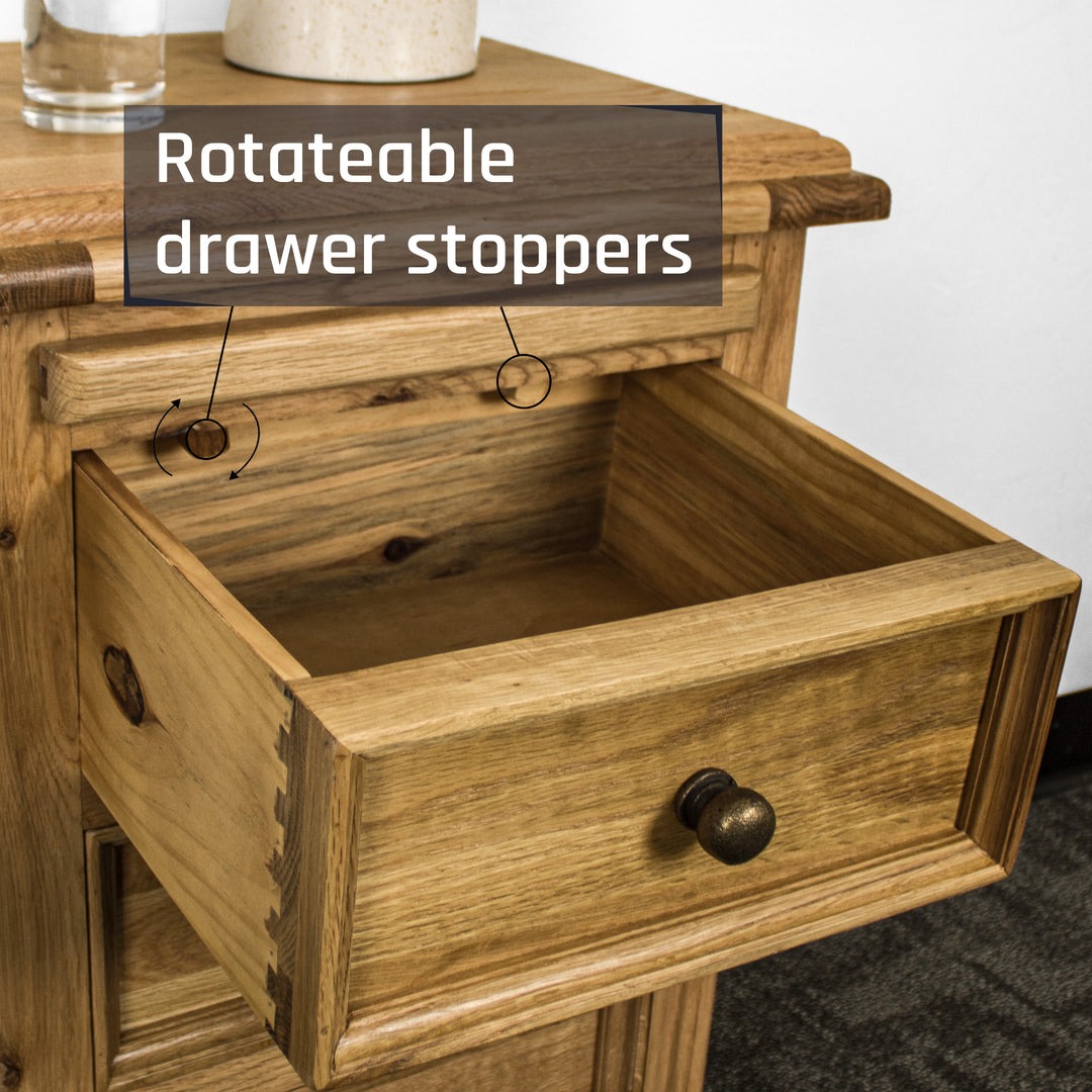 An overall view of the top drawer on the Versailles Oak Bedside Cabinet.