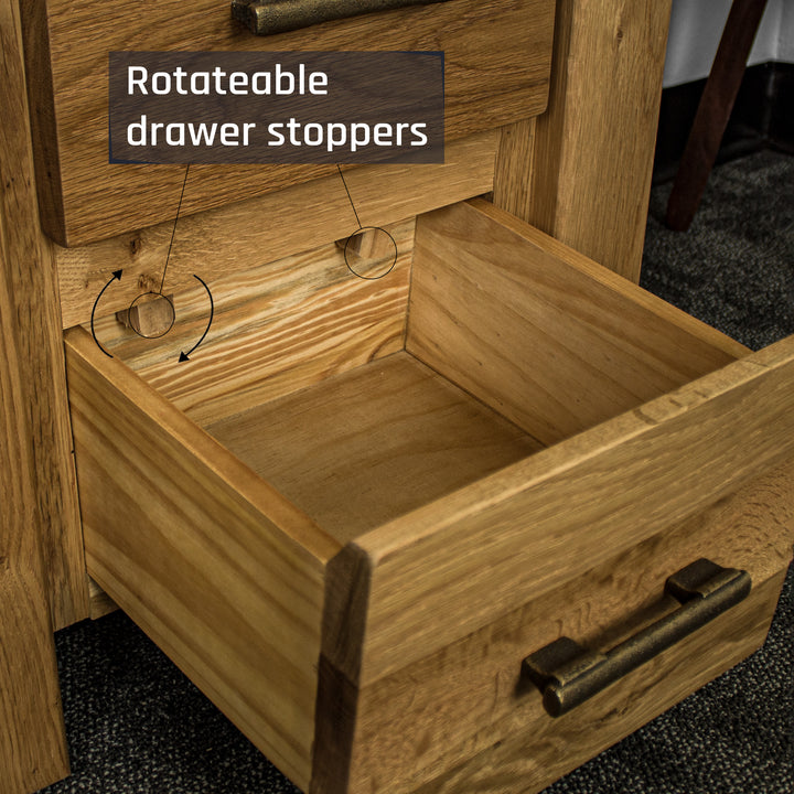 An overall view of the drawers on the Camden 3 Drawer White Oak Bedside Table.