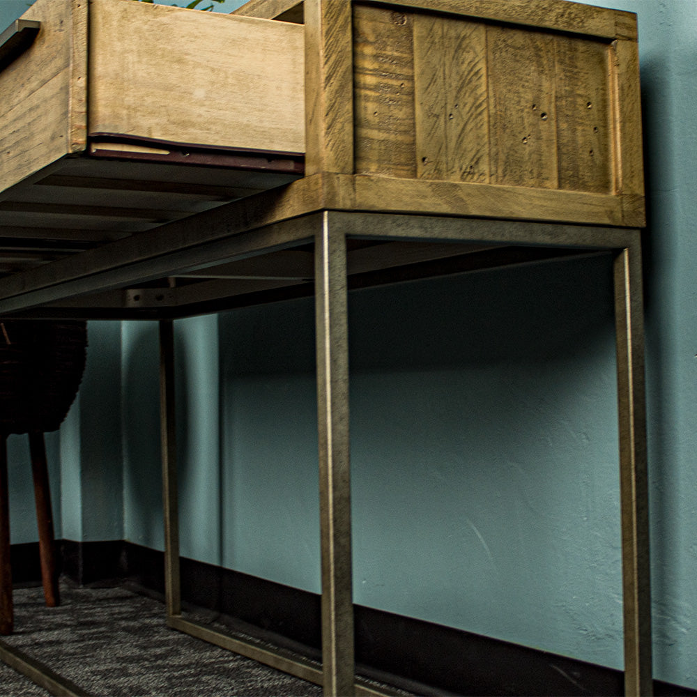 A closer view of the metal legs on the Monterey Recycled Pine Hall Table.