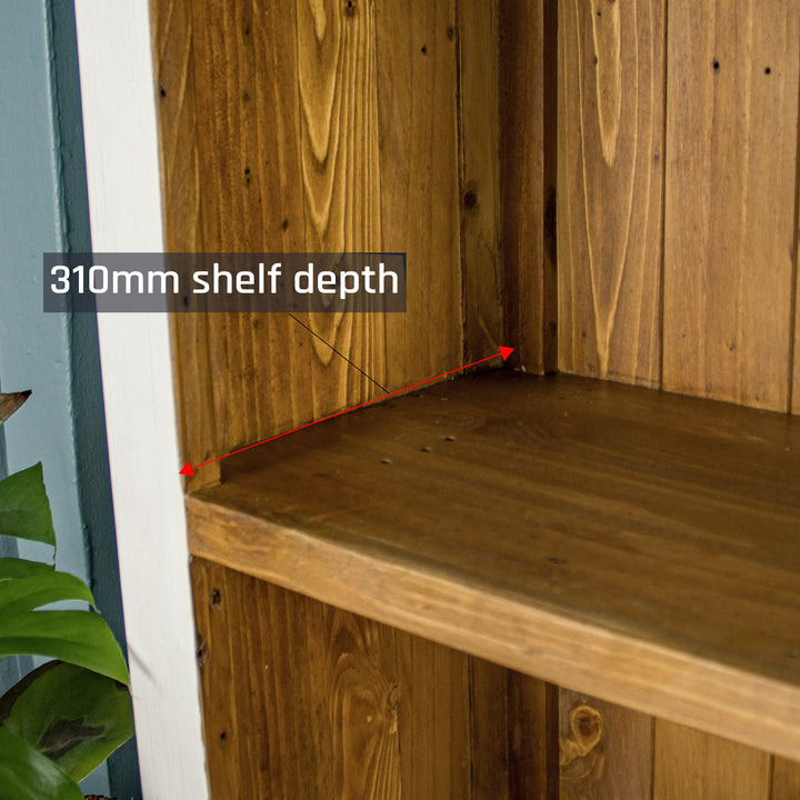 Close up of the brown interior shelving on the Tuscan Recycled Pine Tall Bookcase.