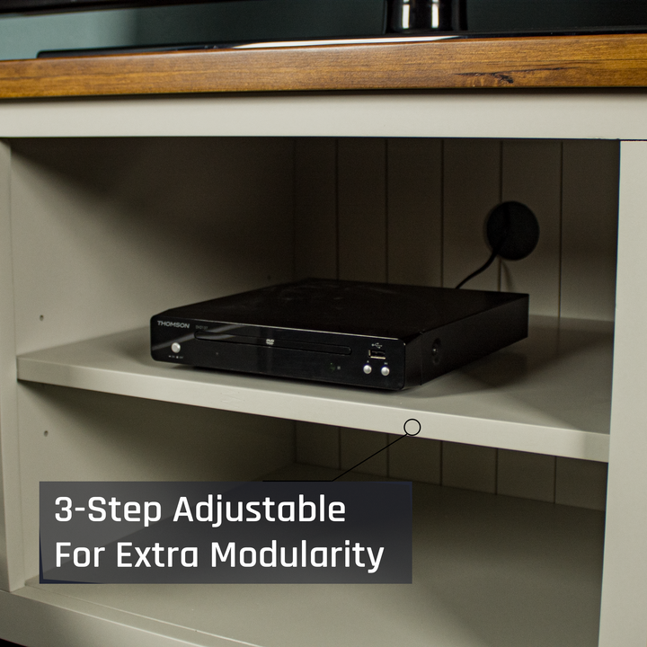 A close up of the shelf in the middle of the Alton Entertainment Unit. There is a DVD player on the top shelf.