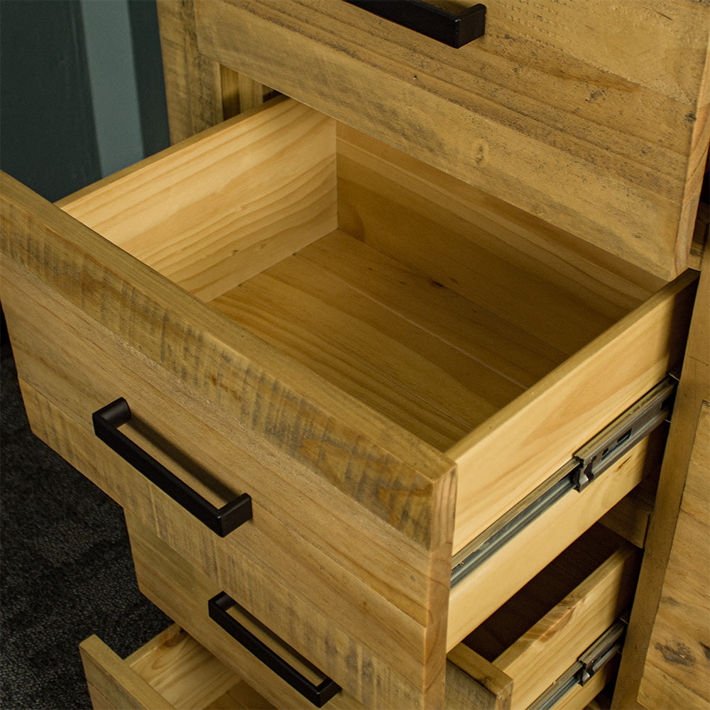 An overall view of the smaller drawers on the Amarillo Seven-Drawer Tallboy.