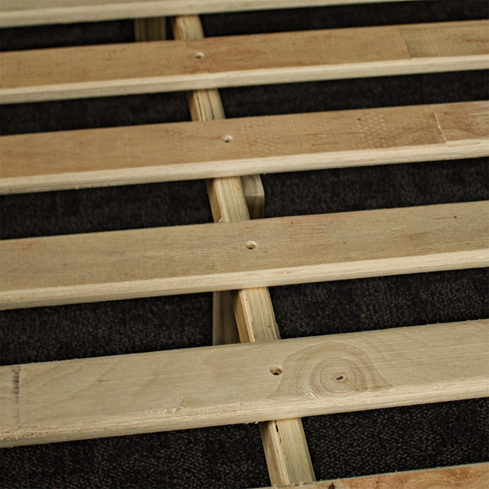 A view of the wooden support bar for the slats of the Amarillo Queen Slat Bed Frame.