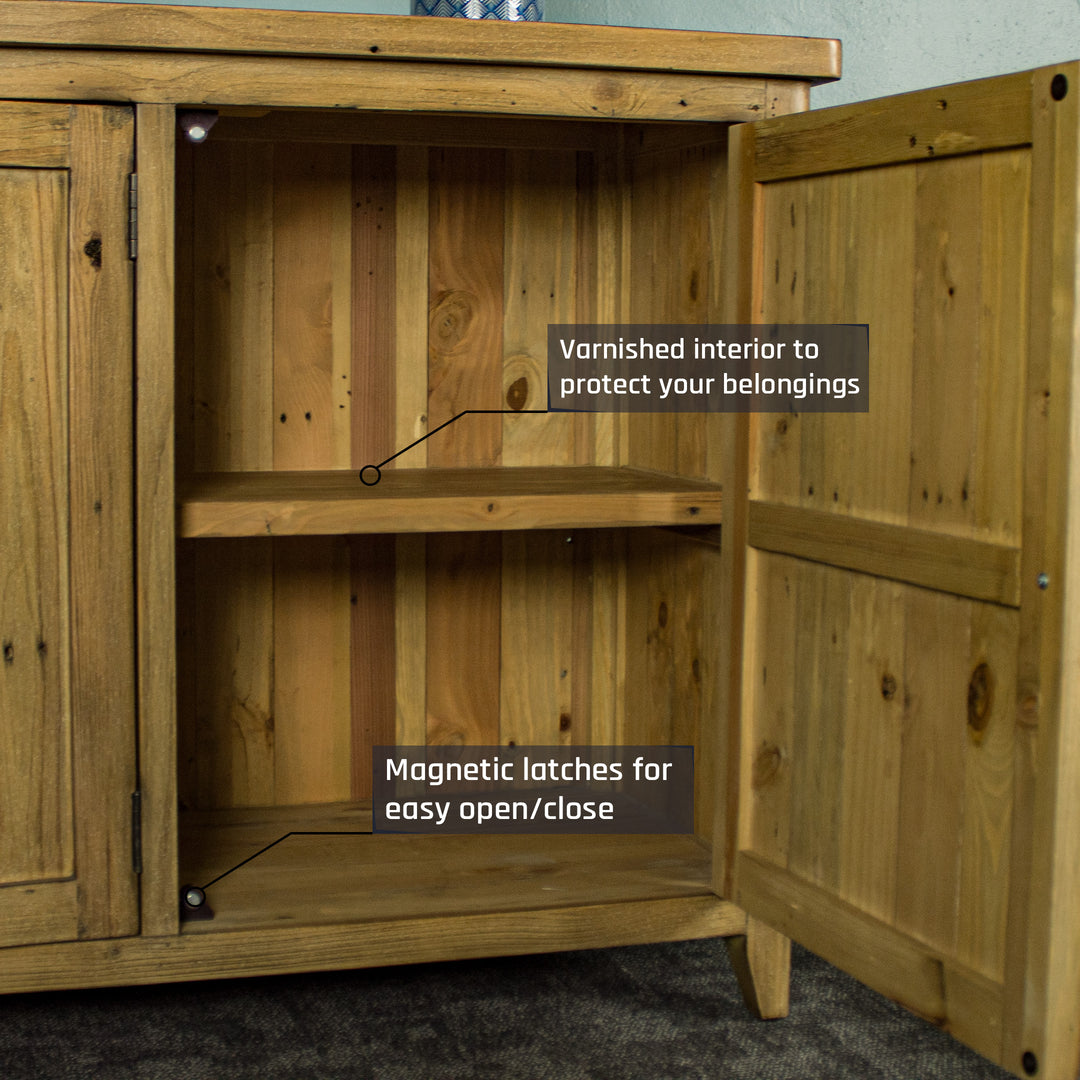 A view of the smaller shelf on the Cairns Recycled Pine Buffet.