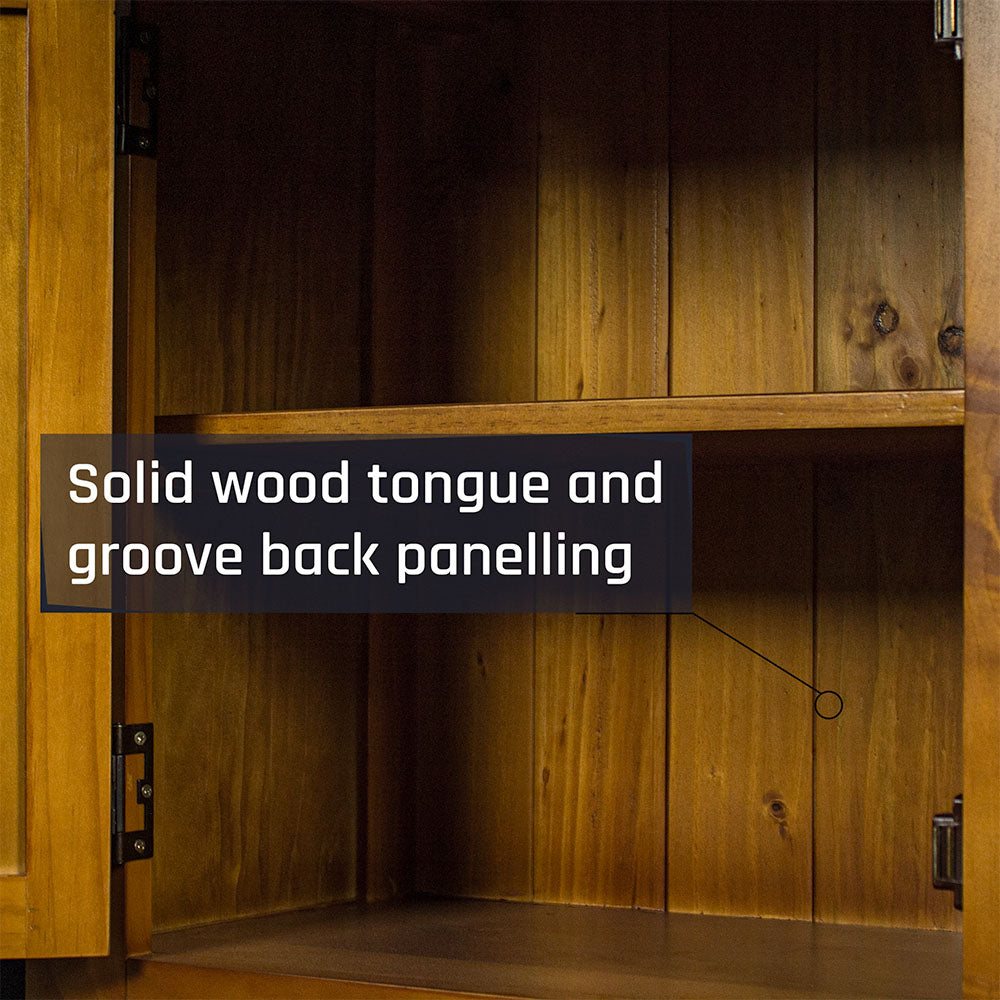 An overall view of the shelf inside the doors of the Rimu stained Montreal 2 Drawer Pine Buffet.