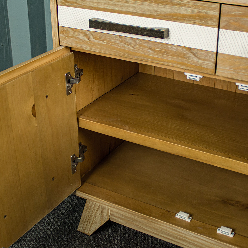 The inside of the shelving on the Soho 2 Door 2 Drawer NZ Pine Buffet Sideboard.