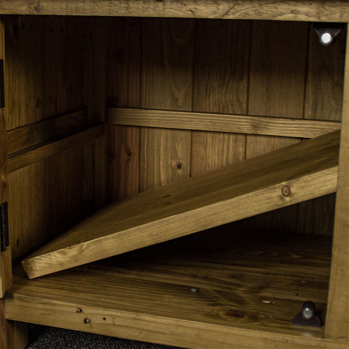 A closer view of the side shelves on the Ventura Recycled Pine Medium TV Unit, which can be removed.