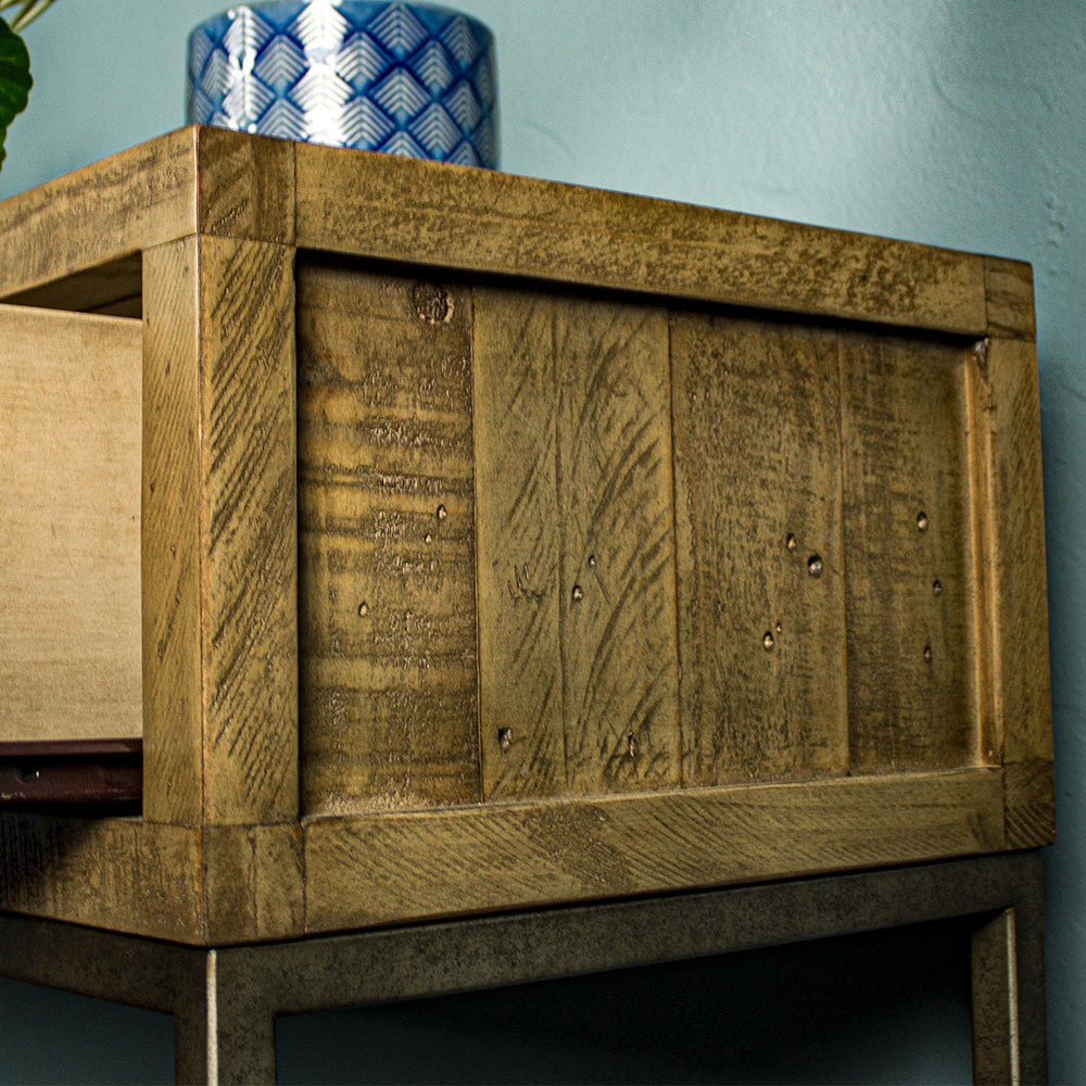 A close up of the side of the Monterey Recycled Pine Hall Table