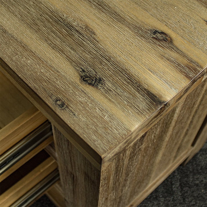 A close up of the top of the Mars Two-Drawer Bedside Cabinet, showing the wood grain and colour.