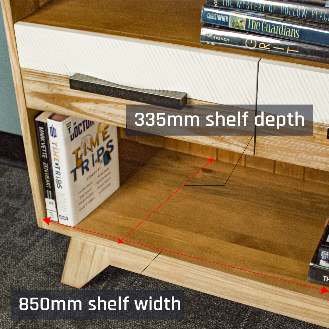 An overall view of the lower shelf on the Soho Short Display Shelf.