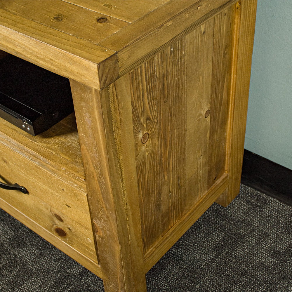 The side of the Ventura Two Drawer Recycled Pine TV Unit.