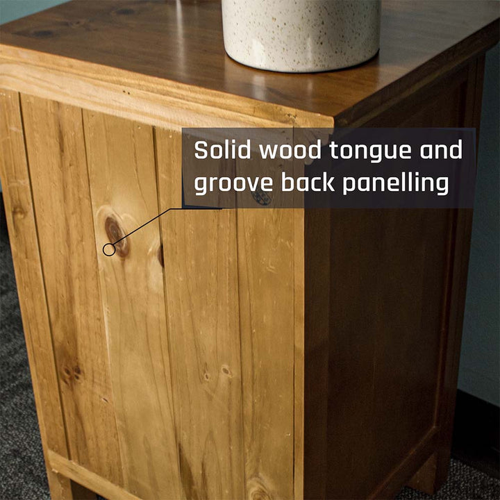The back of the Montreal Pine Bedside Cabinet, which features tongue and groove solid wood panelling.