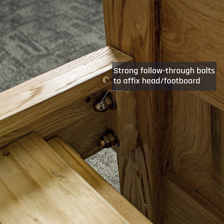 Another view of the strong bolts that connect the side rails to the footboard and headboard of the Amalfi Super King Oak Bed Frame.