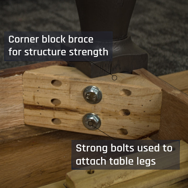 A close up of the screws that hold the legs of the Boston Oak Extending Dining Table to the body securely.