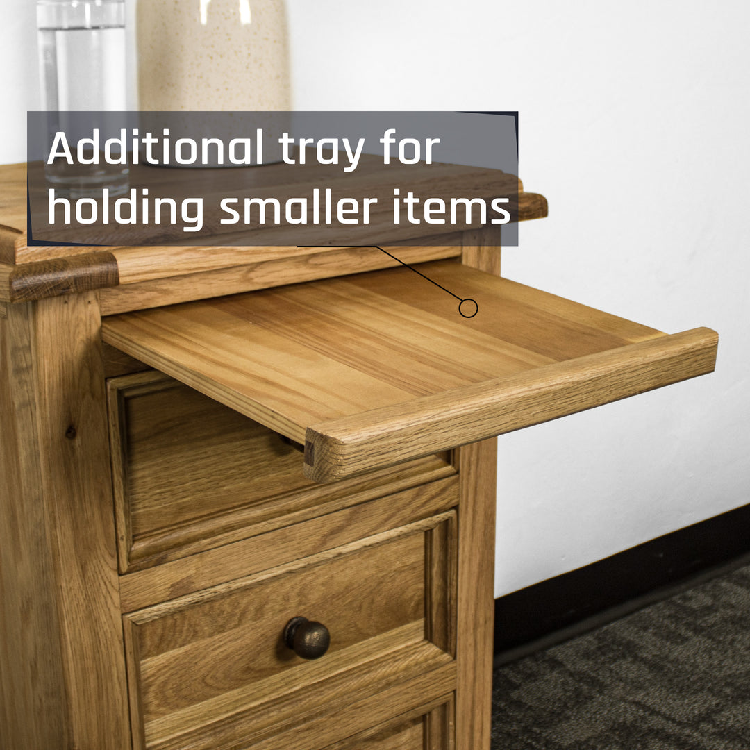 An overall view of the Versailles Oak Bedside Cabinet's top shelf above the drawers.