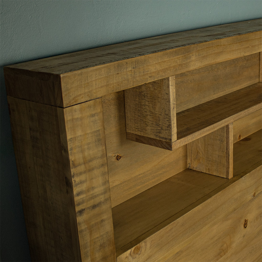 A closer view of the shelving in the headboard of the Amarillo Queen Slat Bed Frame.