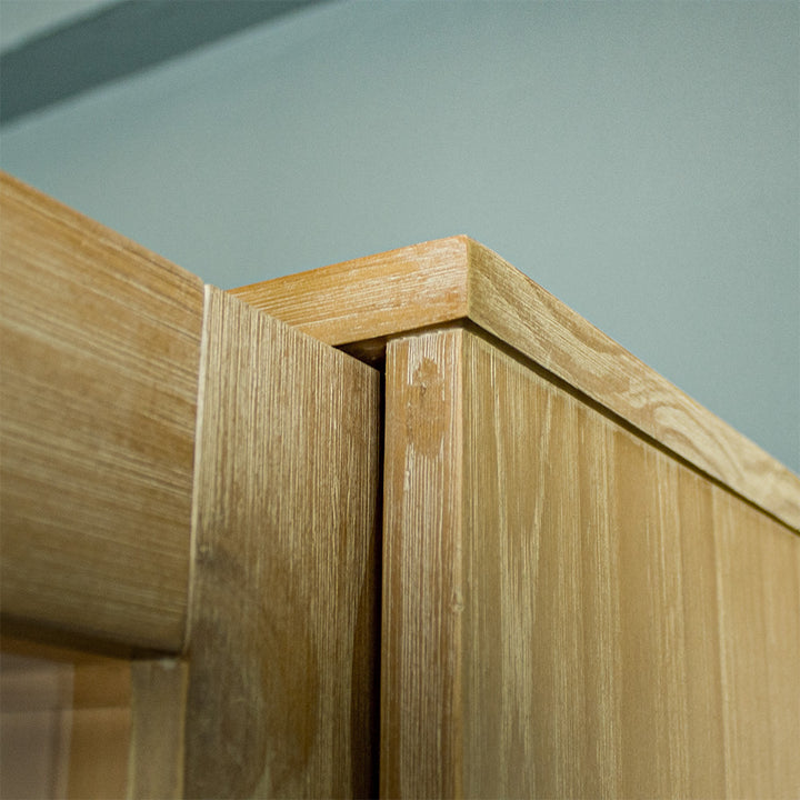 A close up of the top of the Soho NZ Pine Display Cabinet.