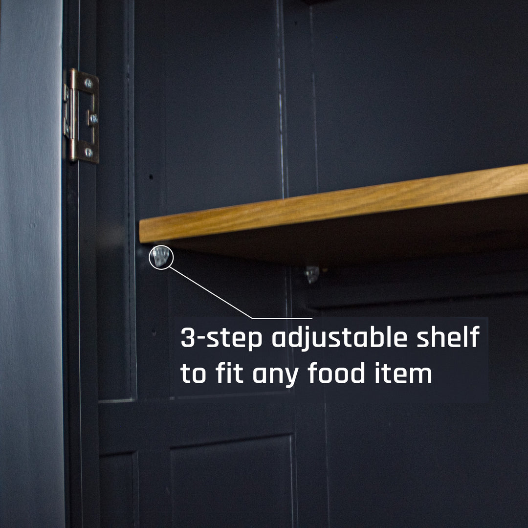 A view of the adjustable shelf on the Cascais Oak-top Kitchen Cabinet.