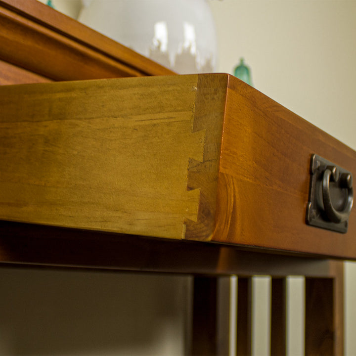 A close up of the dovetail joinery on the drawer of the Montreal Pine Hall Table.