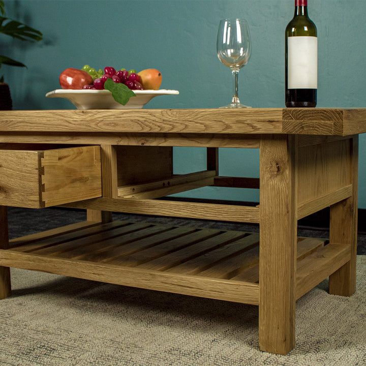 The reversible drawer on the Farmhouse Coffee Table.